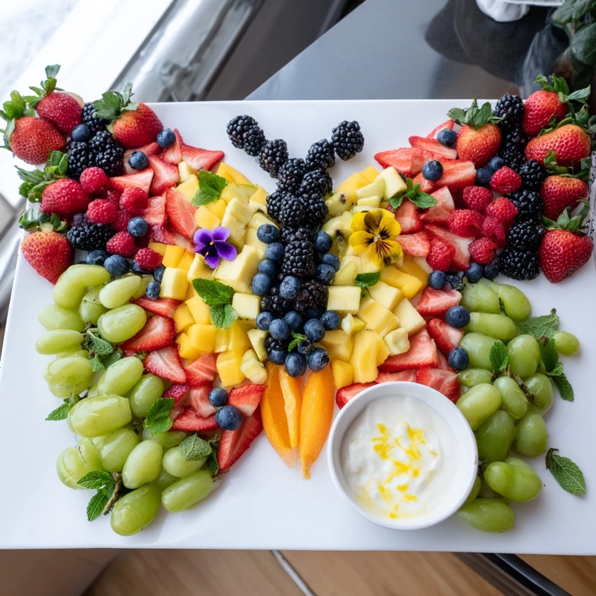 This Butterfly Garden Fruit Board features a medley of berries, mango, and kiwi for a delightful snack.