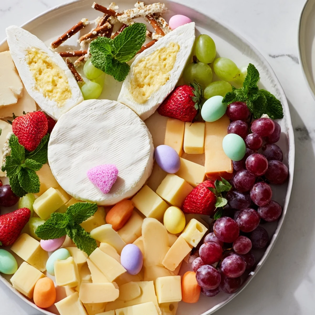 Bunny Ears Easter Board bursting with vibrant fruits, cheeses, and adorable marshmallow treats, perfect for sharing.