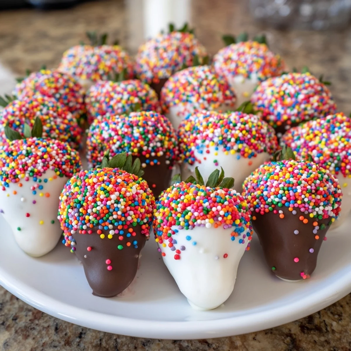 Rainbow Sprinkle Party Board with chocolate-dipped strawberries and colorful sprinkle-covered treats.