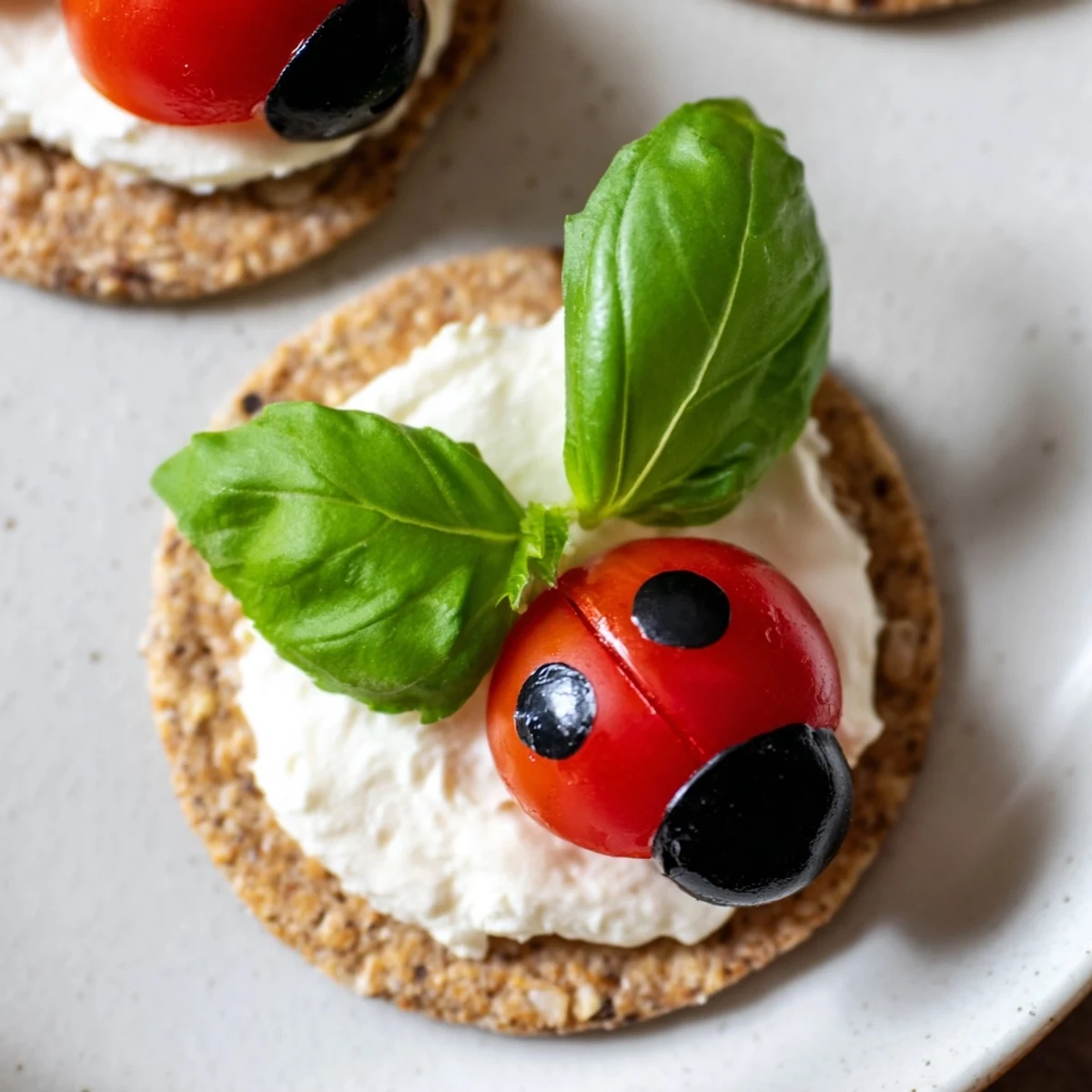 Ladybug Love picnic finger foods arranged beautifully, with vibrant red tomatoes and cute olive heads.