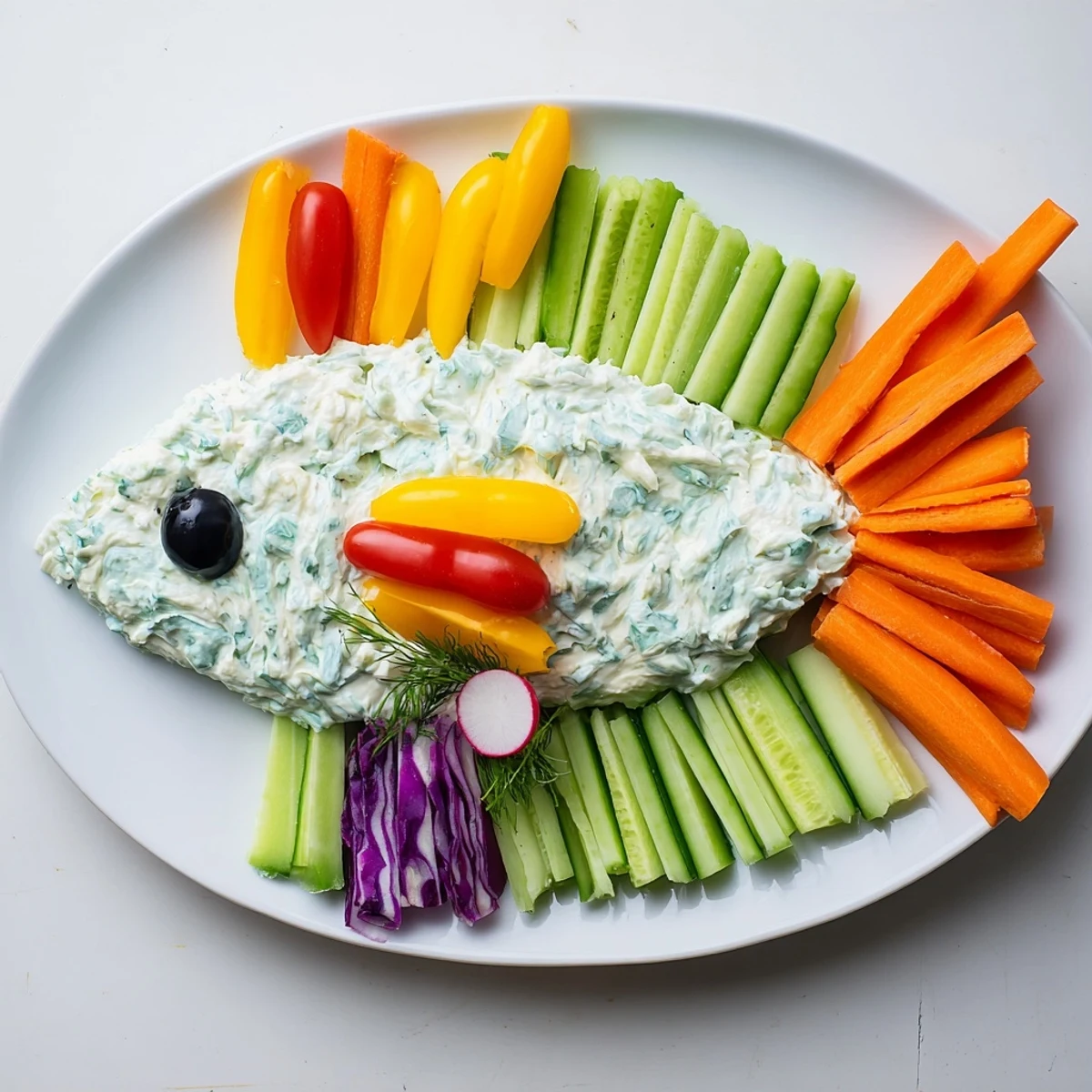 See the playful Ocean Blue Fish-Shaped Dip Tray appetizer, boasting a fun fish shape with an array of fresh, colorful vegetables.