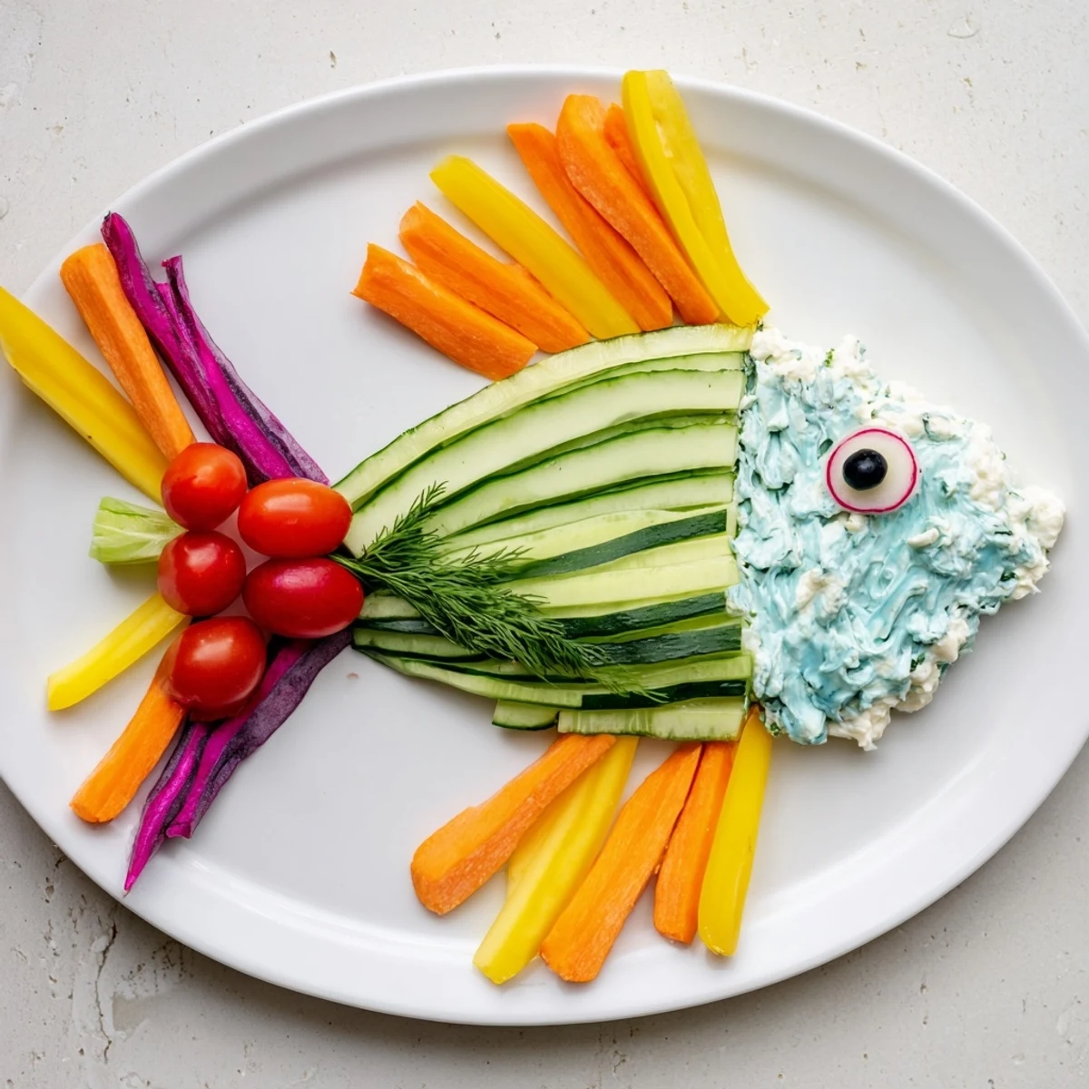 Ocean Blue Fish-Shaped Dip Tray: Vibrant veggie-filled platter with creamy dips, artistically molded into a fish.