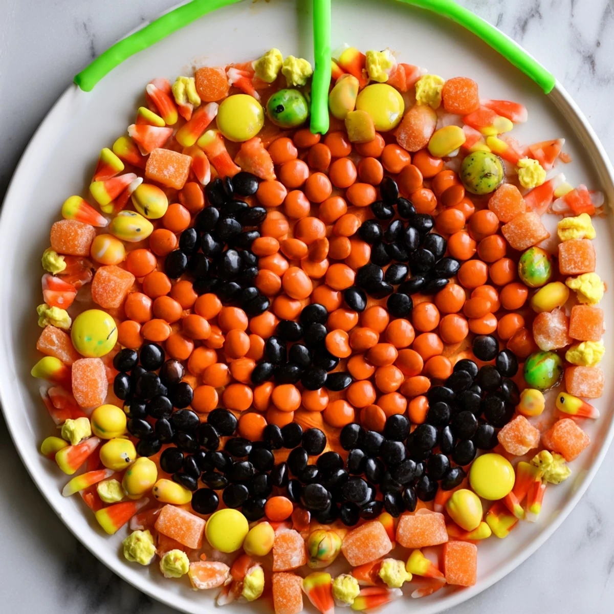 Vibrant orange candies form a giant smiling Jack-o-Lantern Candy Board, a sweet and shareable dessert platter.