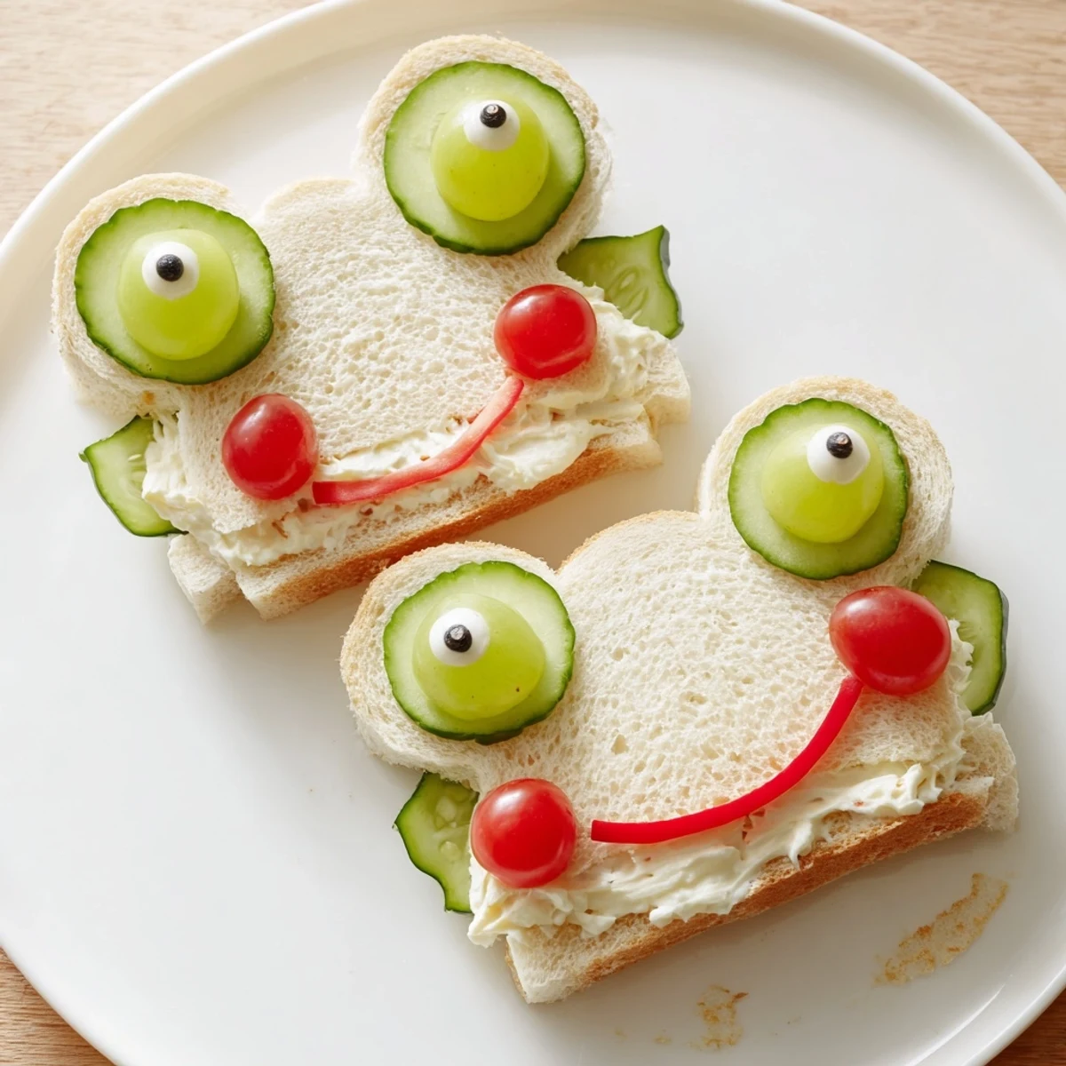 Whimsical Prince Charming Froggy Sandwich cutouts, featuring grape eyes and tomato cheeks.