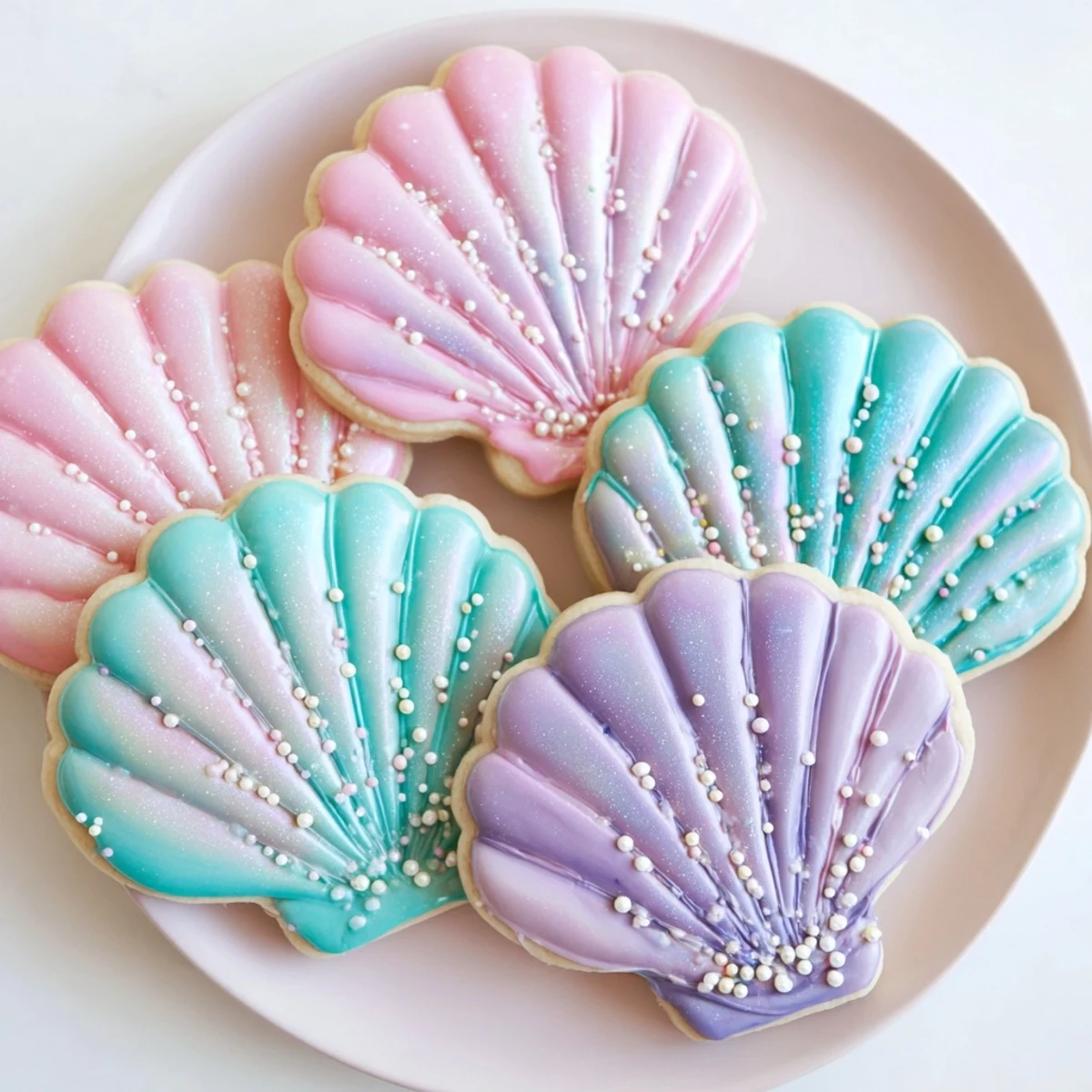 Close-up of pastel Seashell Sweets, beautifully decorated with shimmering icing and edible pearls.