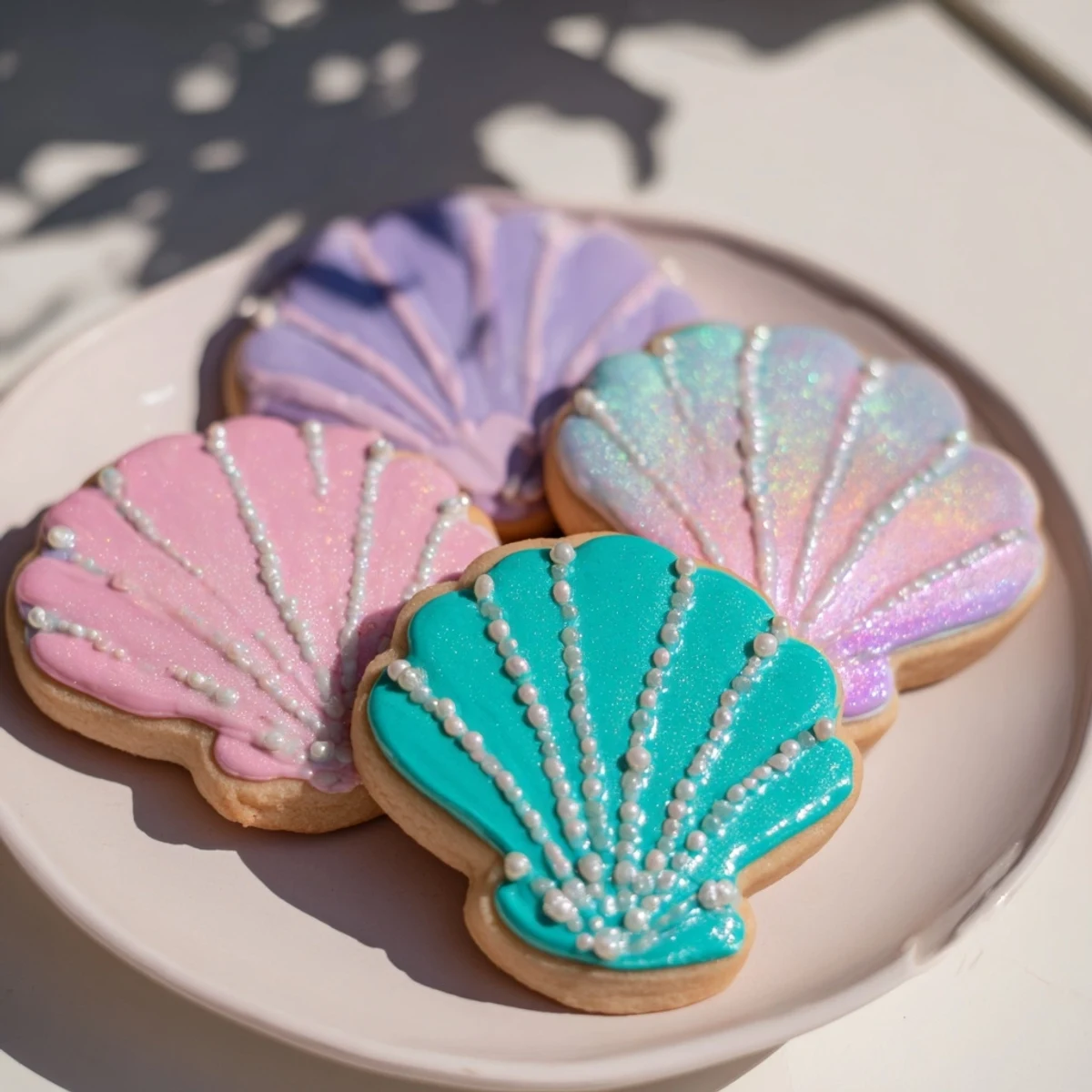 Freshly baked and colorful Seashell Sweets cookies; a perfect treat for a mermaid-themed dessert spread.