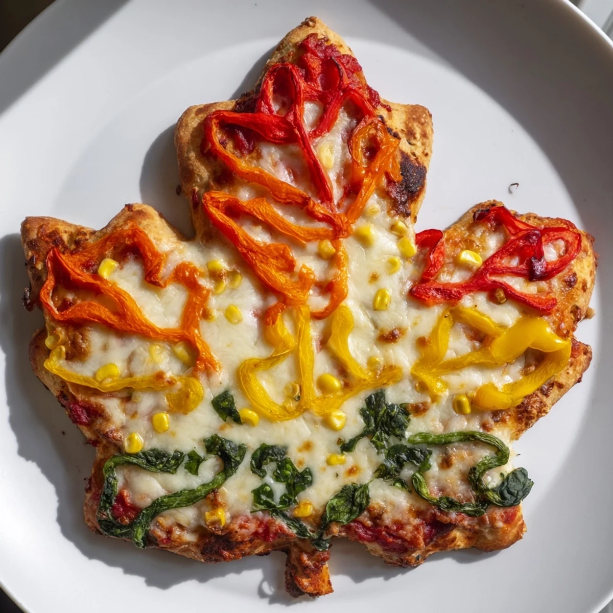 Vibrant Fall Foliage Maple Leaf Mini Pizzas, ready to eat, with melted cheese and colorful bell peppers.