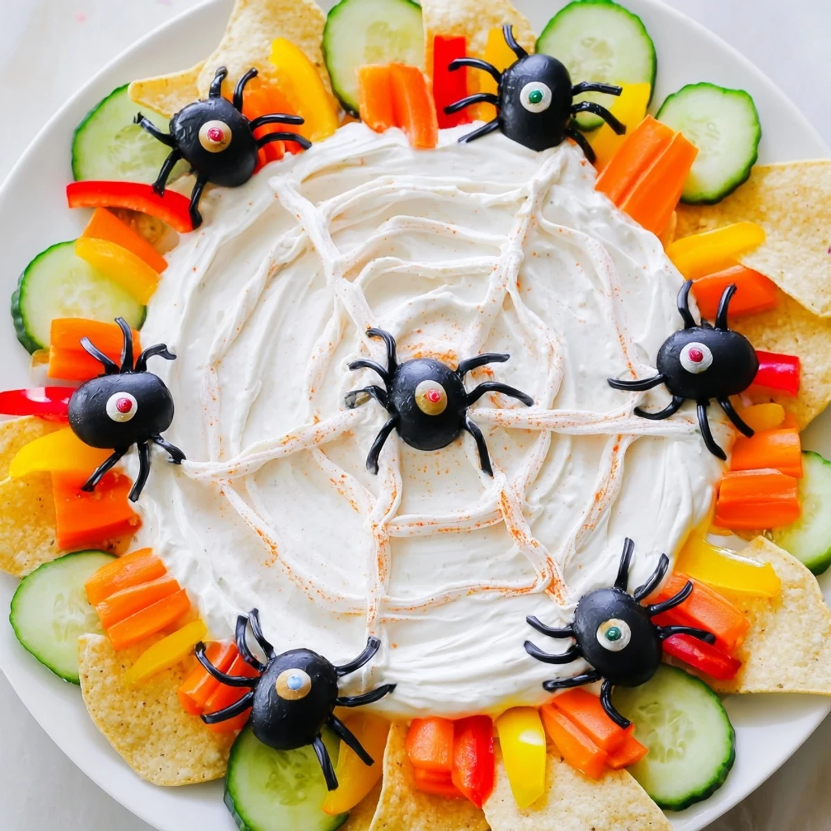 Homemade Creepy Crawly Spiderweb Platter: black olive spiders surrounded by fresh veggie dippers.
