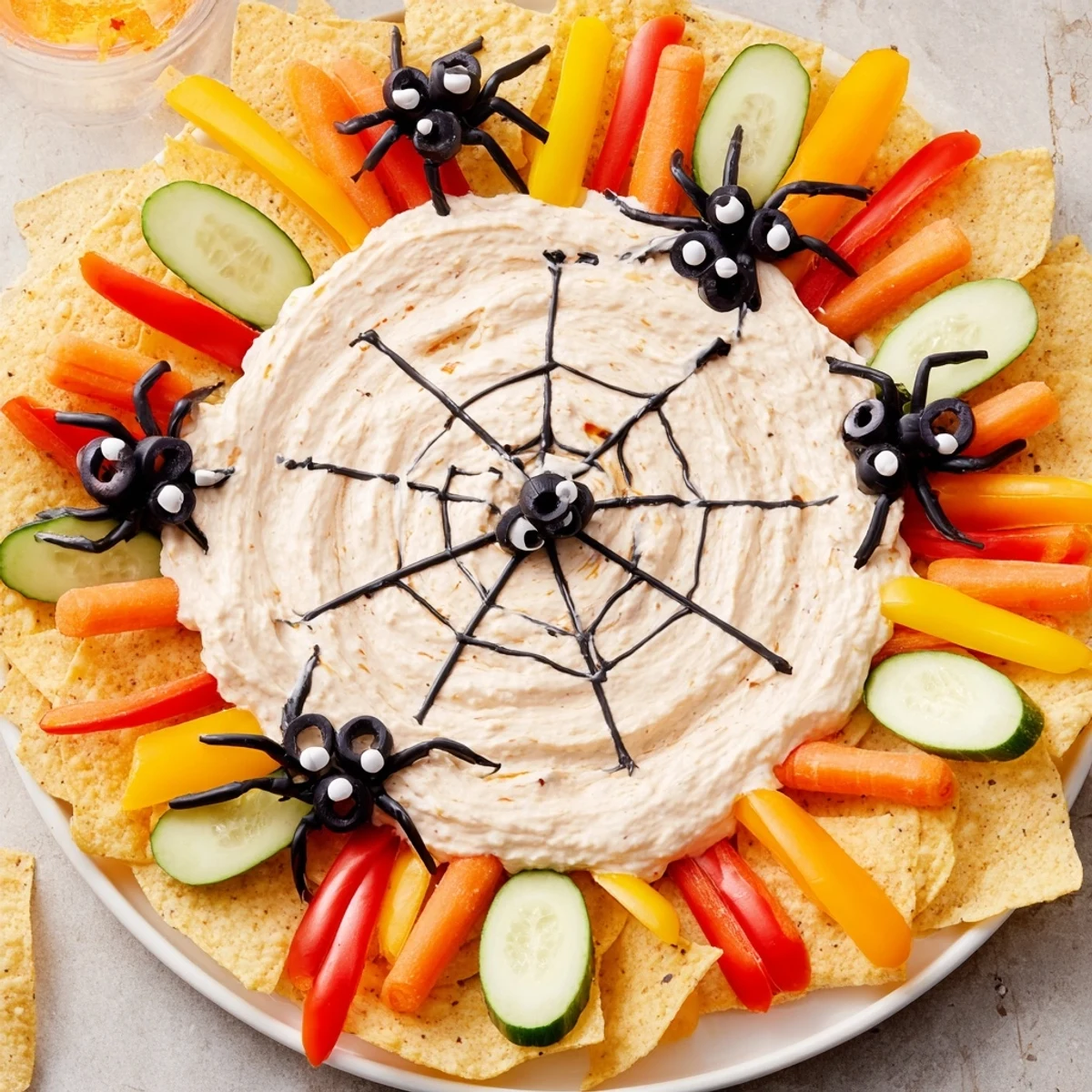Enjoy this easy Creepy Crawly Spiderweb Platter, a festive and delicious party appetizer dip with spiders.