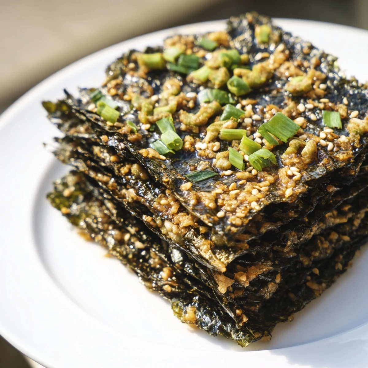 Golden-brown Snacks de Vague Surf, a crispy seaweed snack served with wasabi peas and green onion.