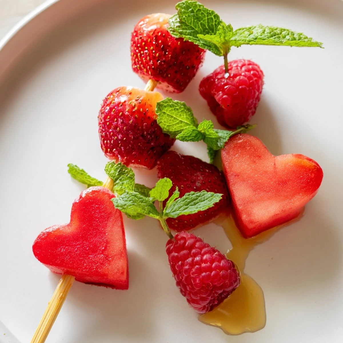 Vibrant red heart fruit skewers arranged beautifully, perfect for a romantic, healthy dessert.