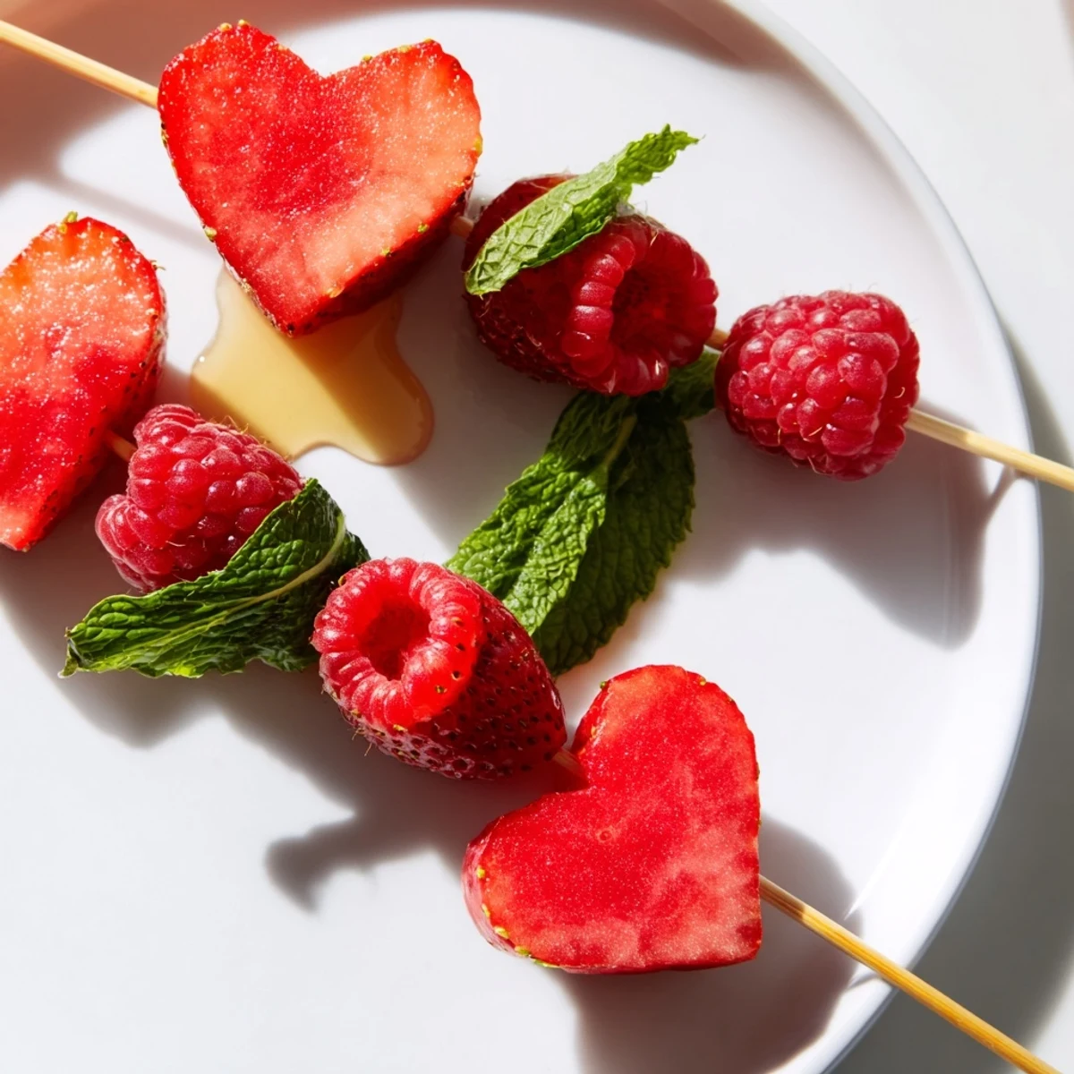 Fresh heart-shaped strawberry and watermelon red heart fruit skewers, ready to enjoy immediately.