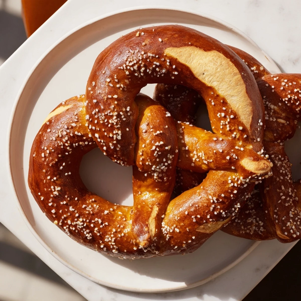 Freshly baked Bretzels Anneau de Fête, a festive German pretzel ring, ready to be enjoyed as a snack.