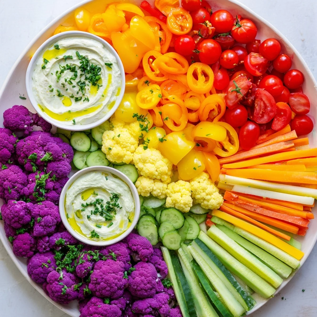 Rainbow Vegetable Dips arranged on a platter, showcasing colorful veggies and creamy dips.