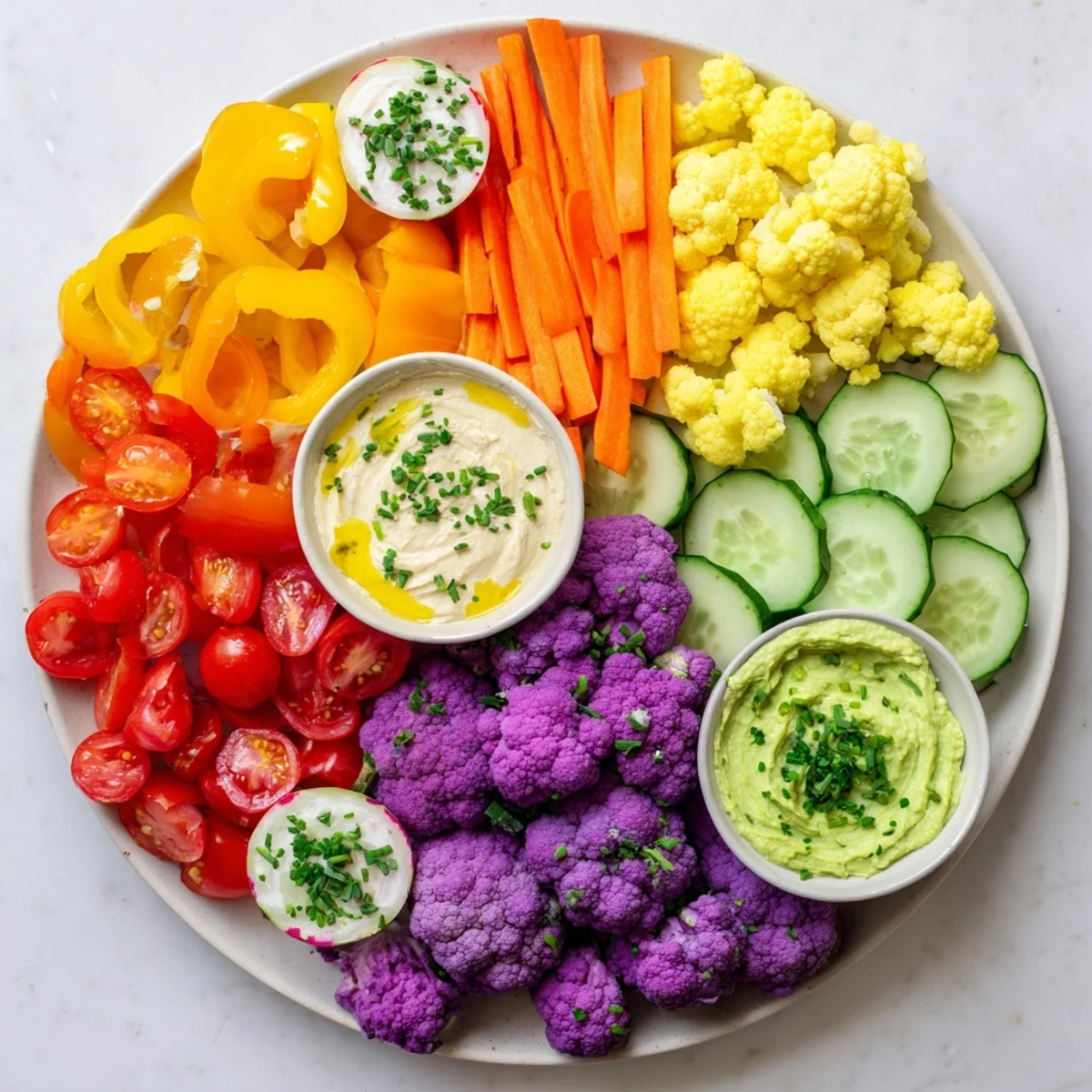This image shows a vibrant Rainbow Vegetable Dips platter, perfect for a healthy appetizer.