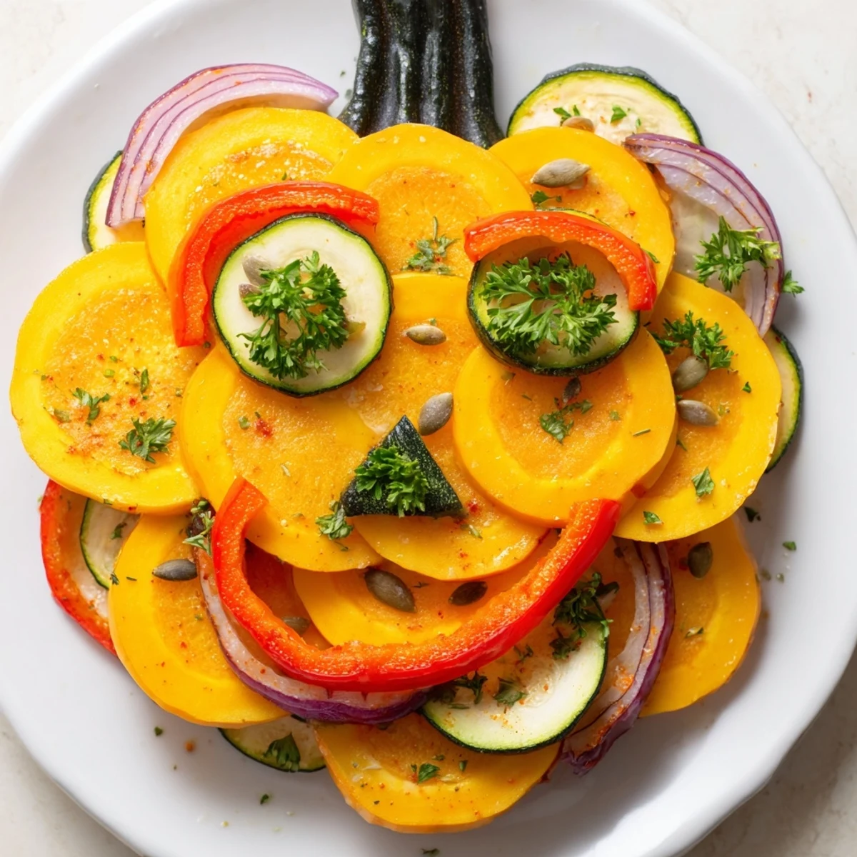 Roasted Pumpkin Lantern Halloween Plate, a vibrant jack-o-lantern of roasted vegetables, ready for serving.