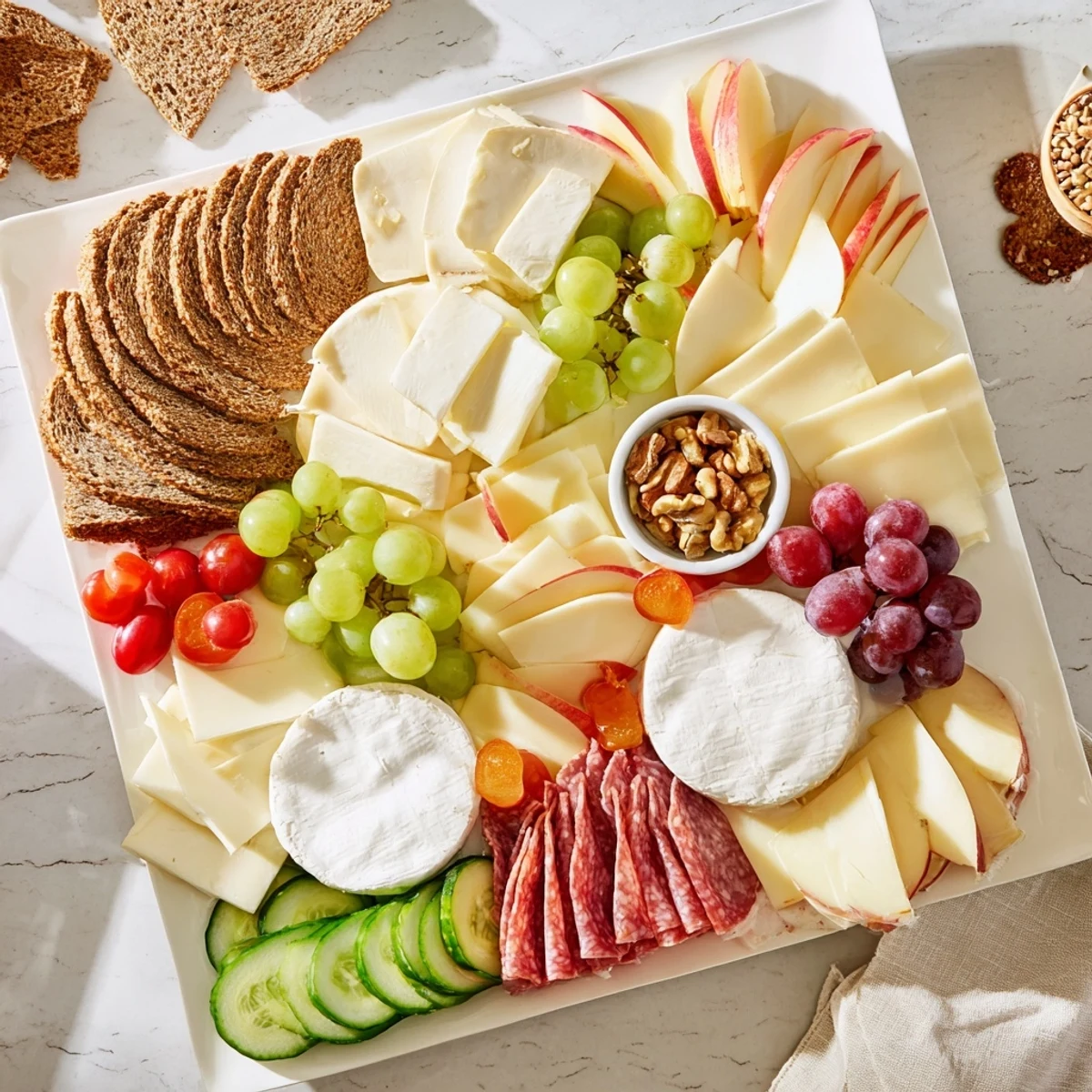 A visually appealing Planche Montagne Aventure Collation features cheeses, charcuterie, and fresh fruit for an inviting spread.