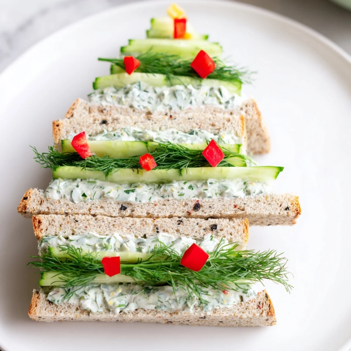 Beautifully arranged Cucumber and Cream Cheese Tree Stacks, a festive appetizer with creamy layers.