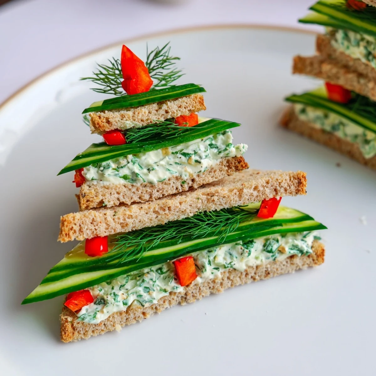 Brightly colored Cucumber and Cream Cheese Tree Stacks, refreshing summer snack with fresh herbs and crisp cucumber.