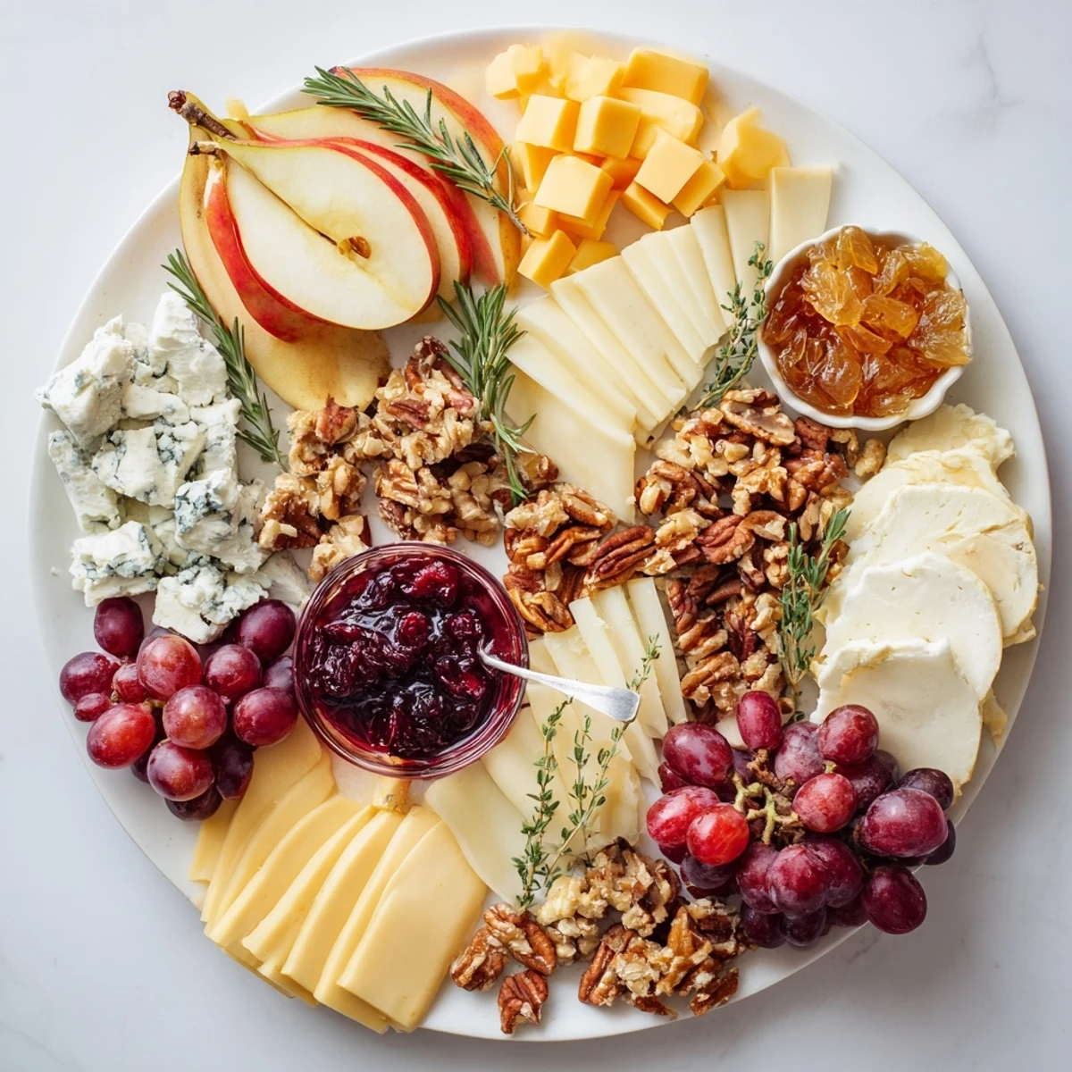 A winter cabin Seasonal Platter showing richly colored cheeses and fruits, ready for sharing and enjoyment.