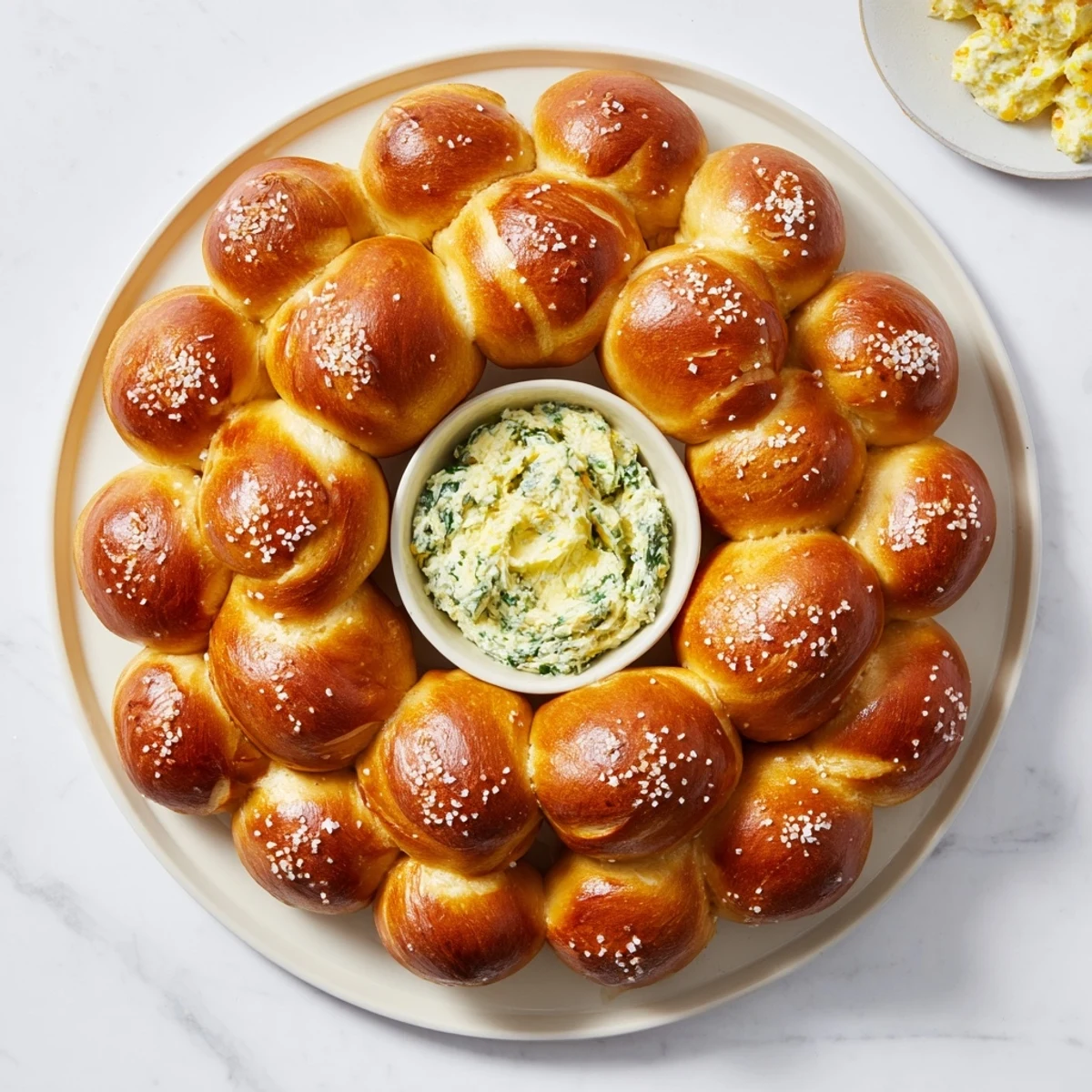 Warm, golden pretzel bites arranged in a festive wreath, ready for dipping in creamy spinach cheese.