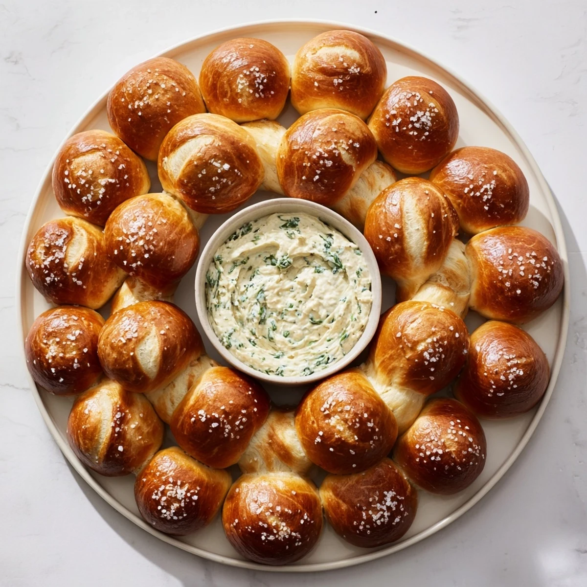 A close-up image shows the baked Pretzel Wreath Dip Ring with a warm, cheesy center for guests.