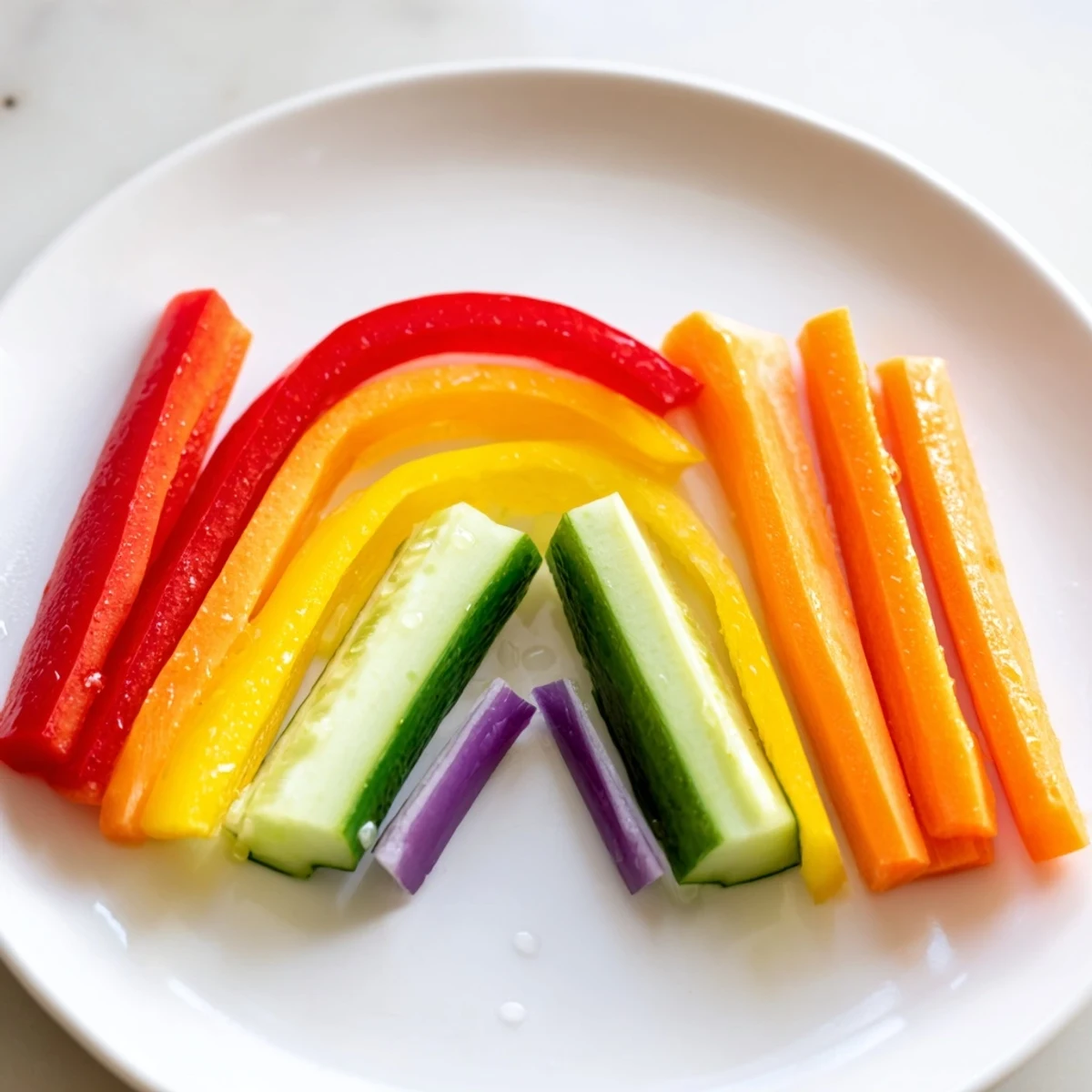 Freshly sliced Rainbow Arch Veggie Sticks, presented on a platter with dipping sauce, look delicious and inviting.