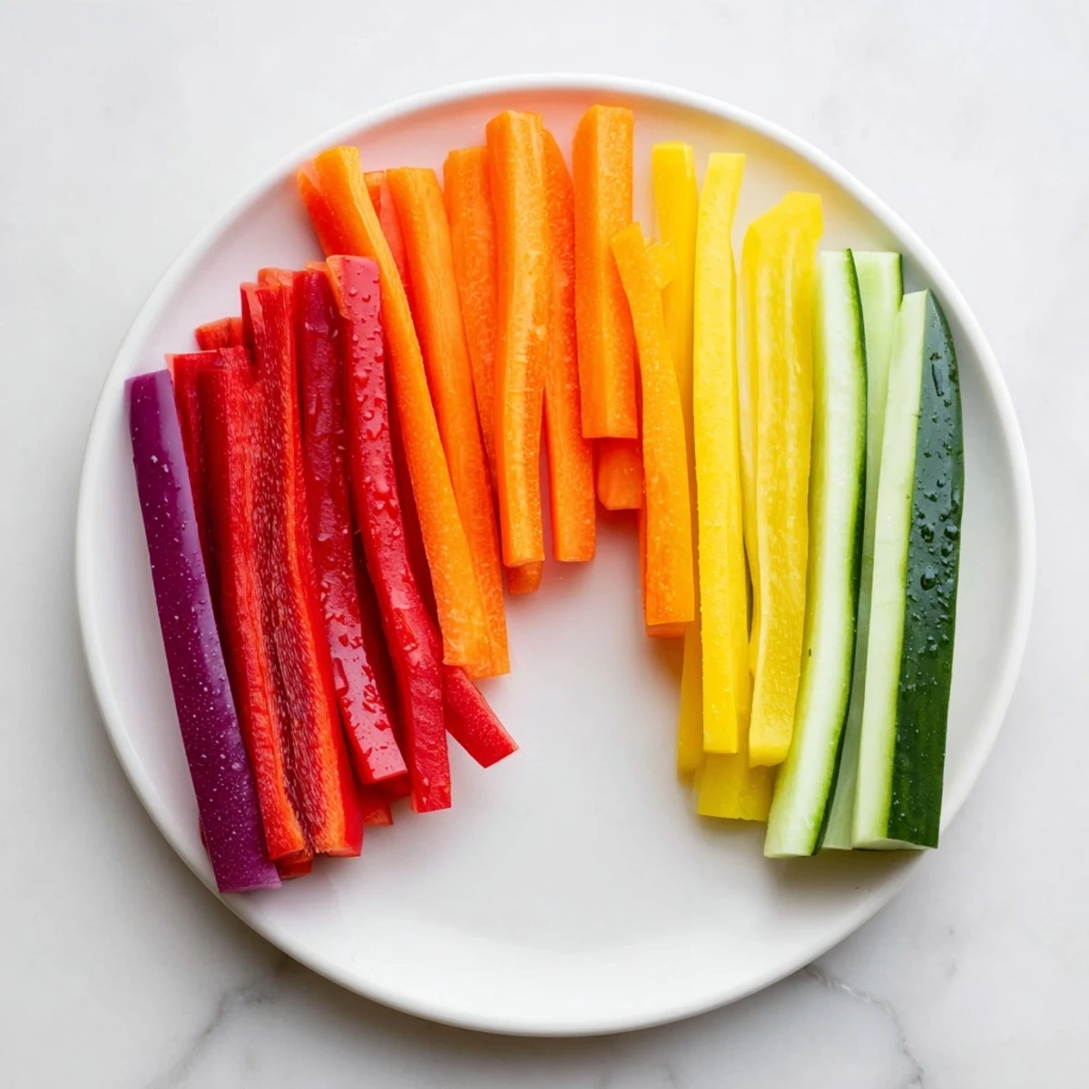 Rainbow Arch Veggie Sticks arranged in a colorful arc, perfect for a healthy and vibrant snack sharing.