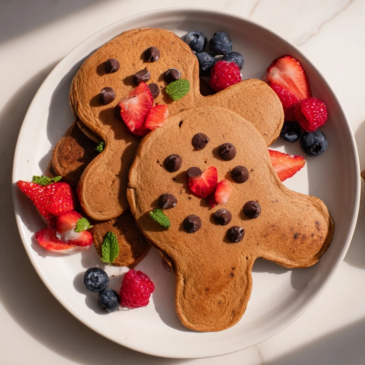 Gingerbread boy berry board featuring warm gingerbread pancakes and vibrant red berries, ready to serve.