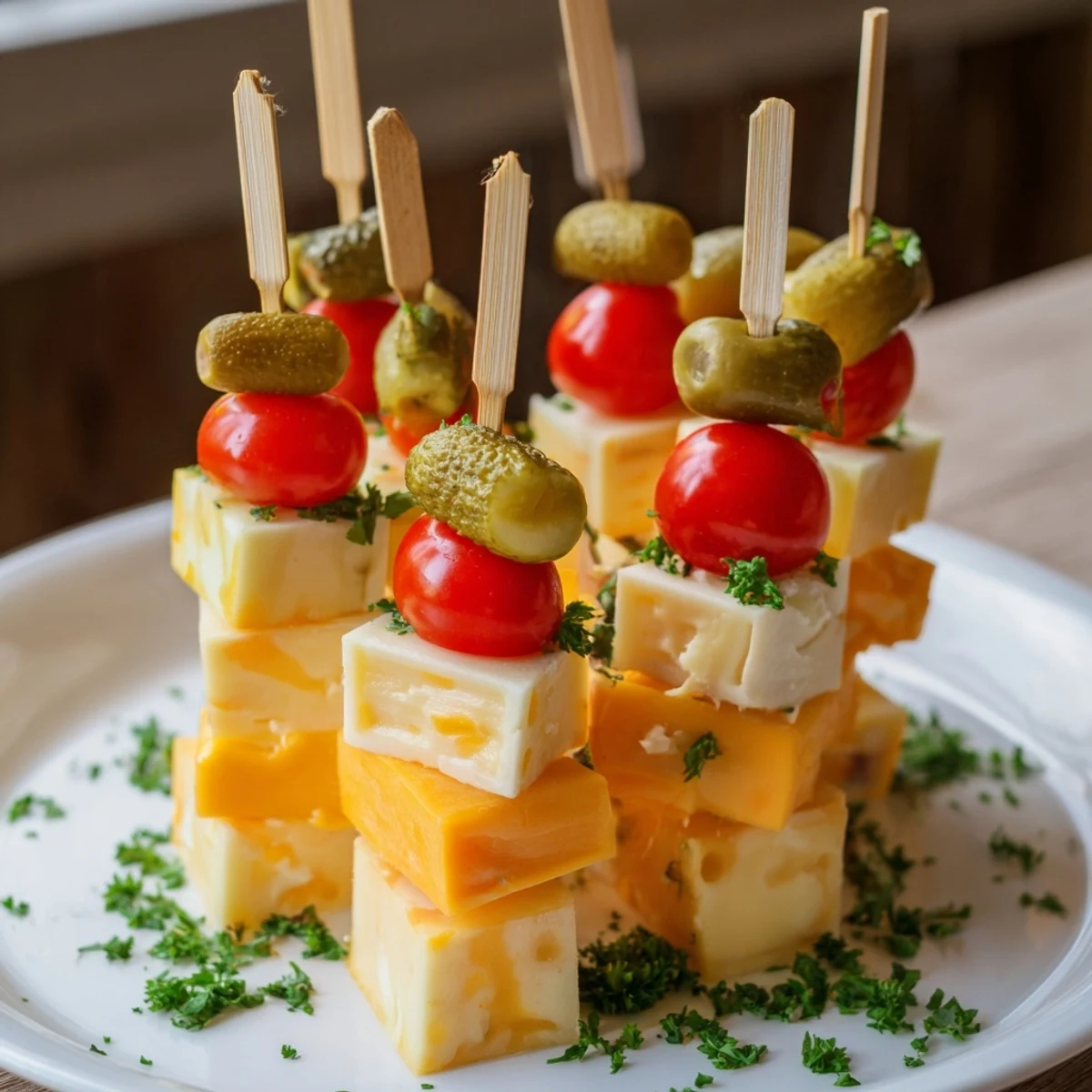 Colorful Festive Cube Cheese Stack with cheddar, gouda, and pepper jack, garnished with olives for your party.