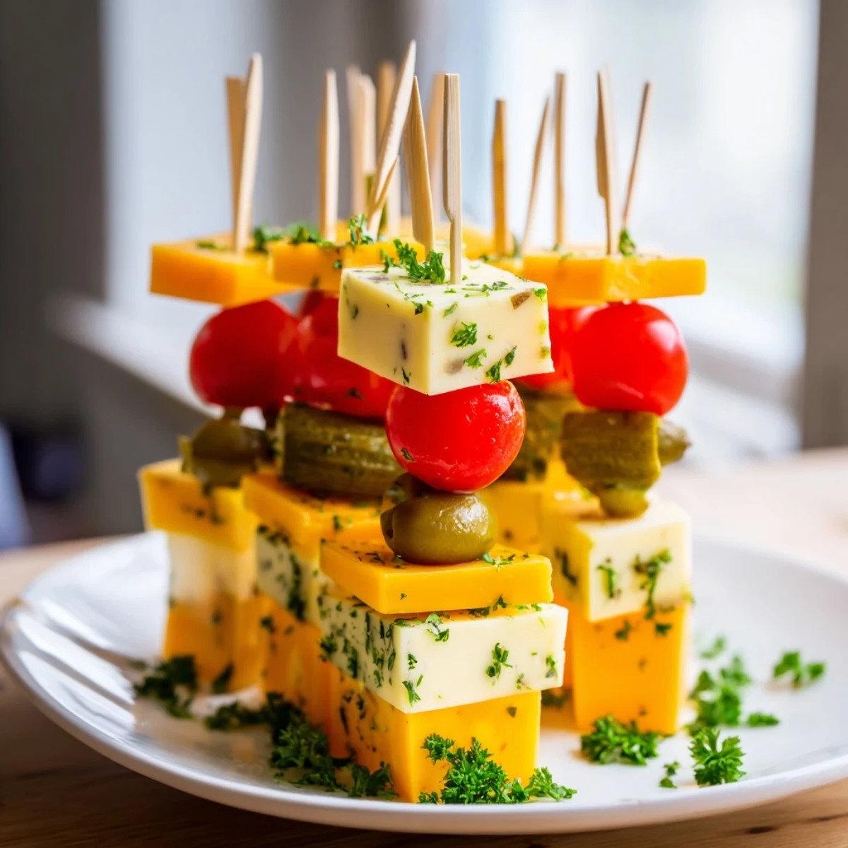 Freshly assembled Festive Cube Cheese Stack, offering a delicious vegetarian appetizer for gatherings with family.