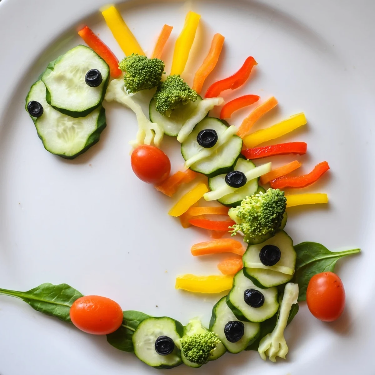A vibrant T-Rex Fossil Crudités platter showcases colorful raw veggies and creamy ranch dip for dipping.