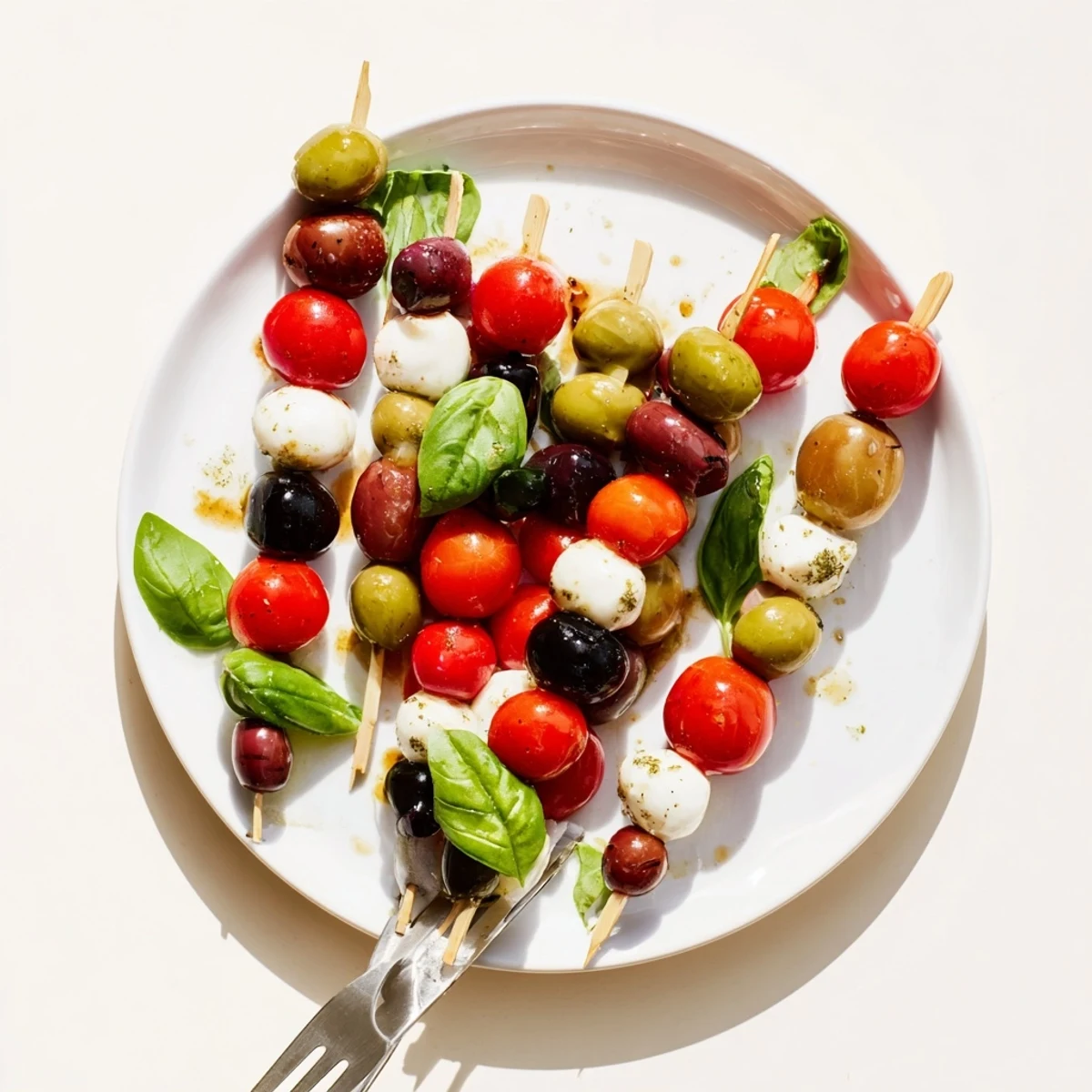 Christmas Lights Olive and Tomato Skewers: vibrant, colorful appetizer perfect for holiday gatherings, ready to serve!