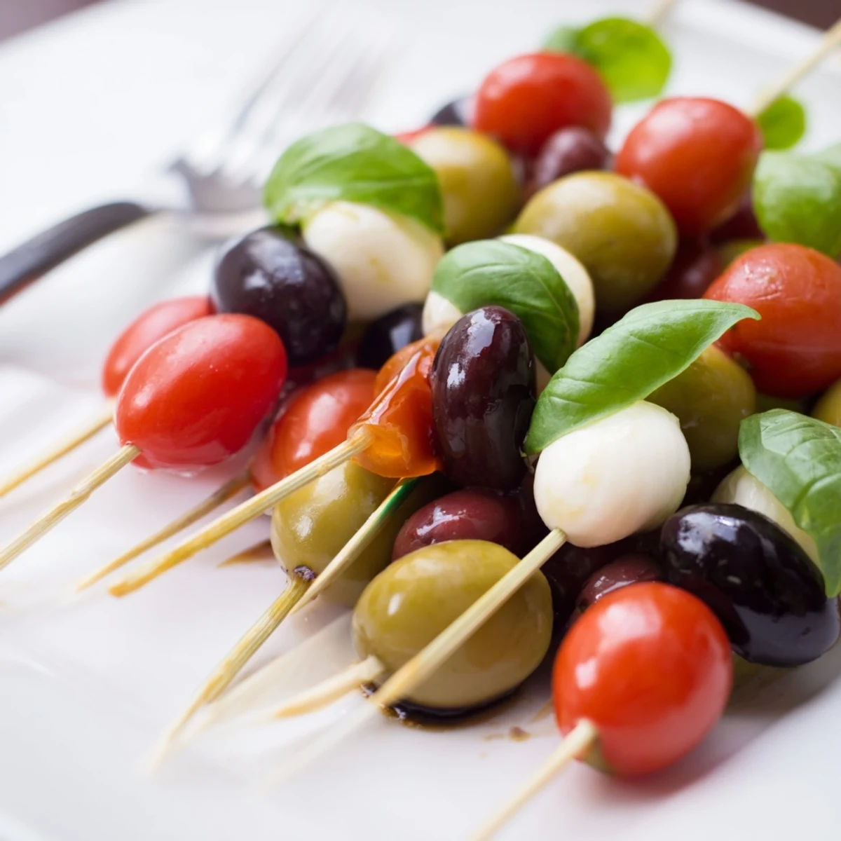 Delicious Christmas Lights Olive and Tomato Skewers feature juicy tomatoes and olives for a quick party appetizer.