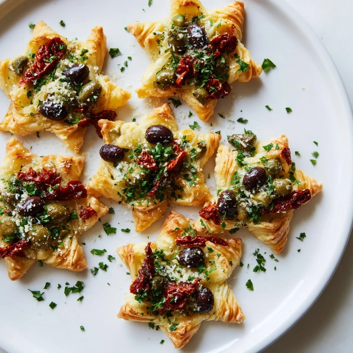 Golden, baked Olive and Sundried Tomato Star Garland, a savory, flaky appetizer for any gathering.