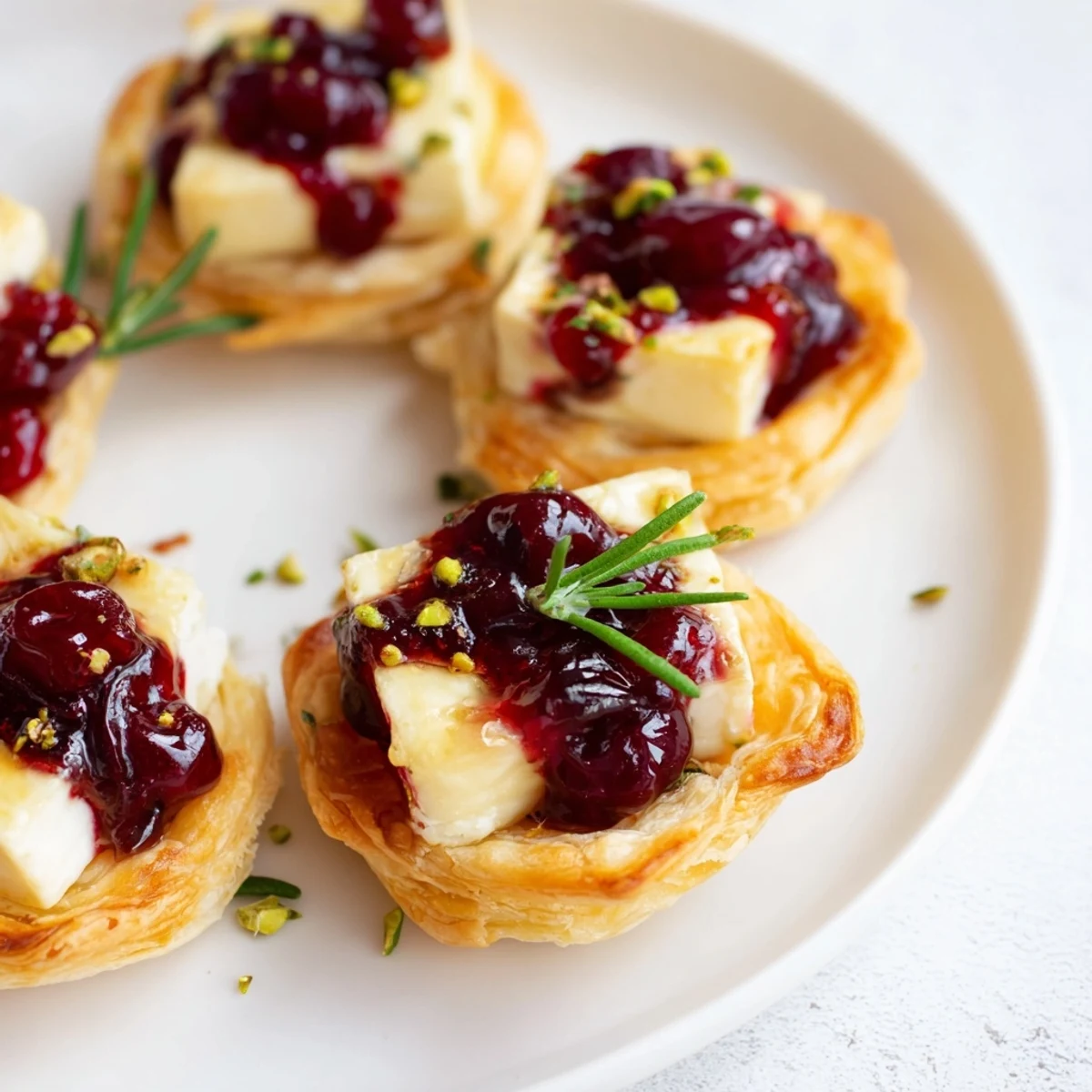 Golden, bubbly Cranberry Brie Bites Wreath, a delicious appetizer with fresh rosemary garnish and pistachios.