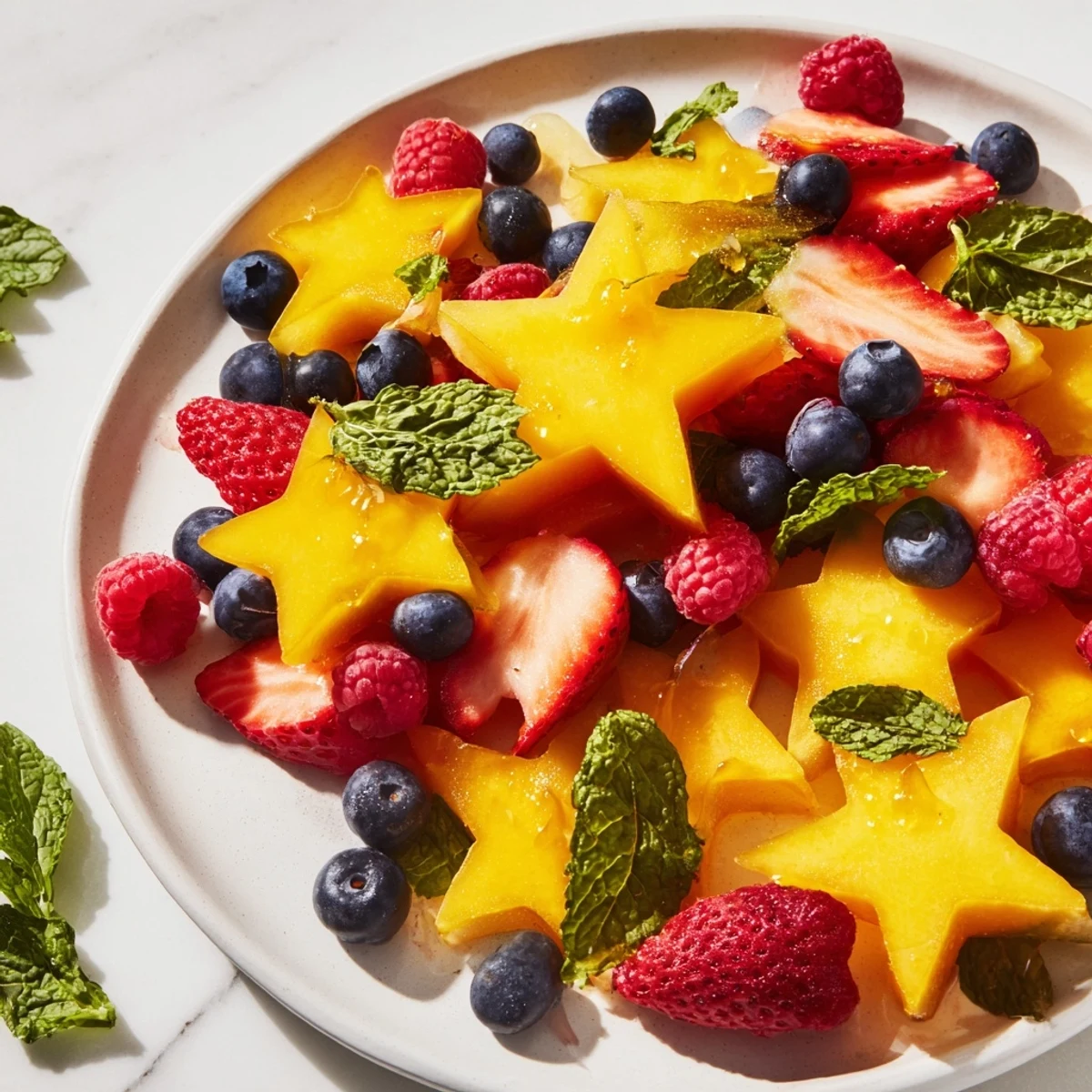 Bright red strawberries and starfruit shine in this colorful berry platter arrangement.