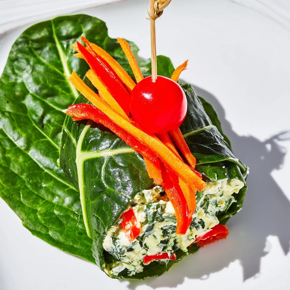 Close-up of Holly Leaf Spinach Wraps; spinach leaves filled with creamy cheese and colorful veggies.