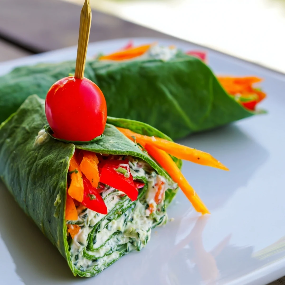 Perfectly rolled Holly Leaf Spinach Wraps, garnished with a cherry tomato, great for a light snack.