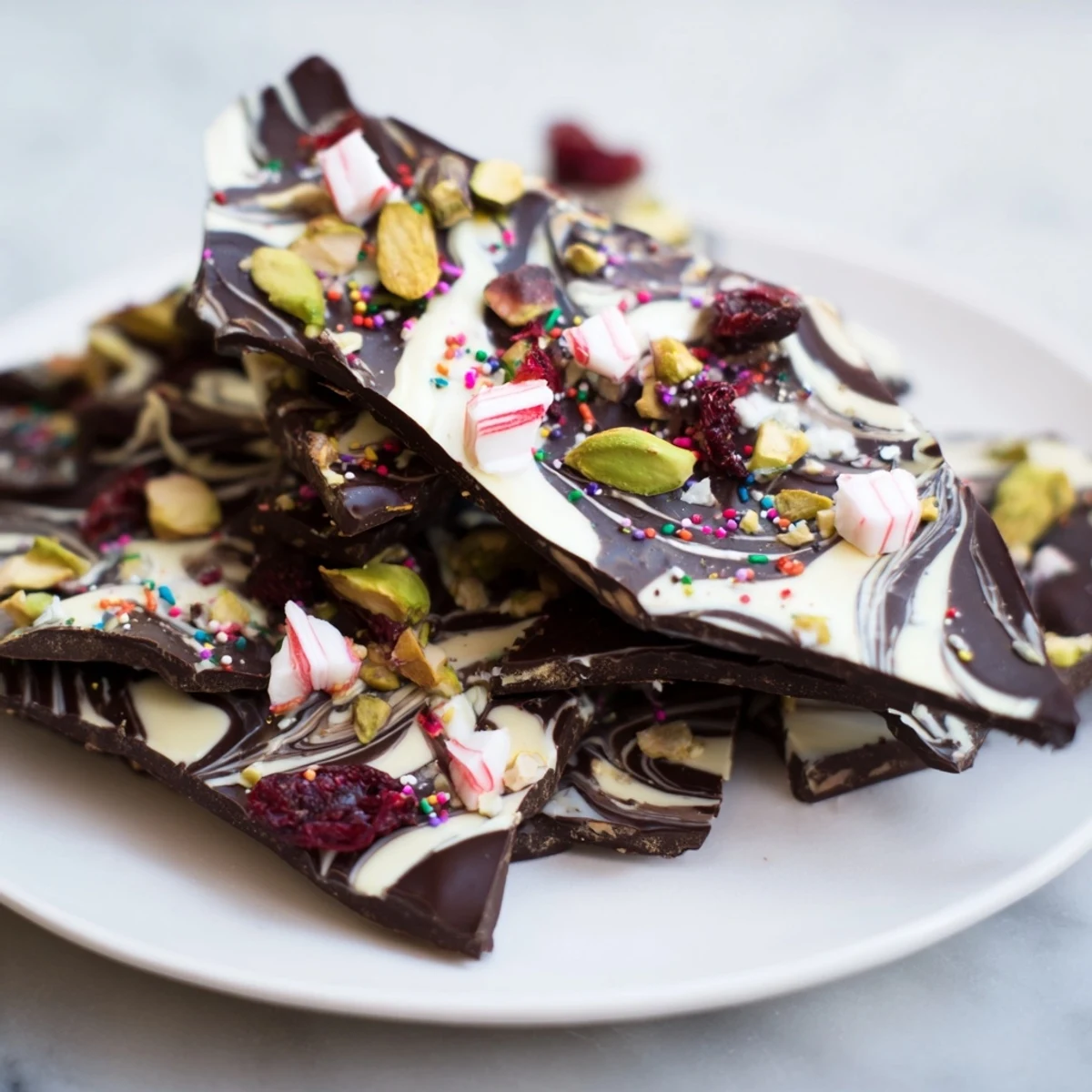 Festive holiday bark shards with peppermint, perfect for a visually stunning and delicious dessert display.