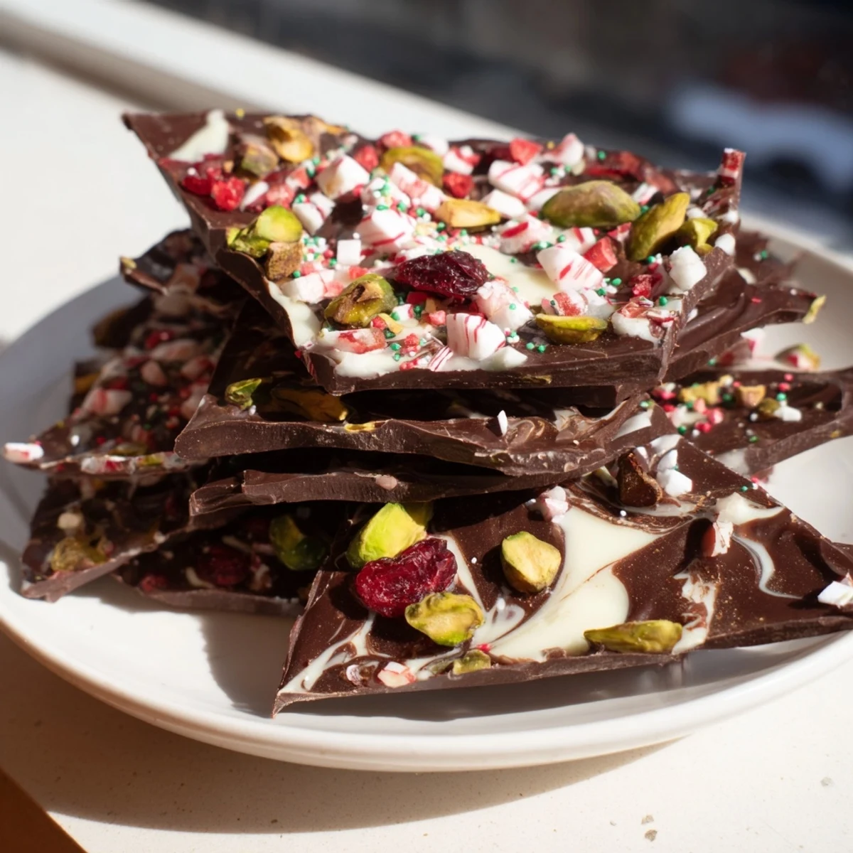 Beautifully marbled chocolate holiday bark, studded with pistachios and cranberries, a sweet treat ready to share.