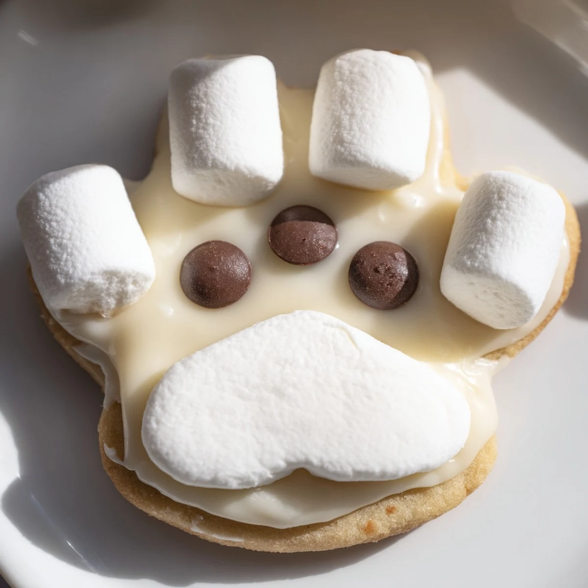 Warm sugar-dusted Polar Bear Paw Print Cookies with melted white chocolate and dark chocolate chips.