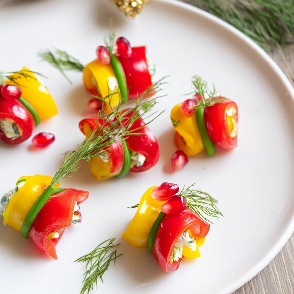 Vibrant Bell Pepper Christmas Bow appetizers sit ready to serve, a colorful festive party snack.