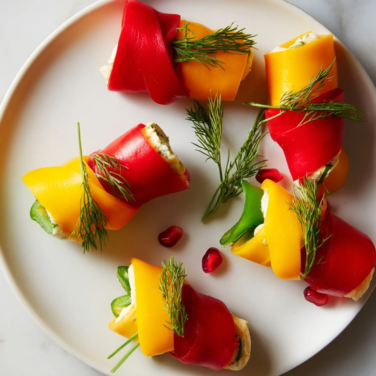Bright red and yellow Bell Pepper Christmas Bows, arranged with dill, a beautiful and flavorful starter.