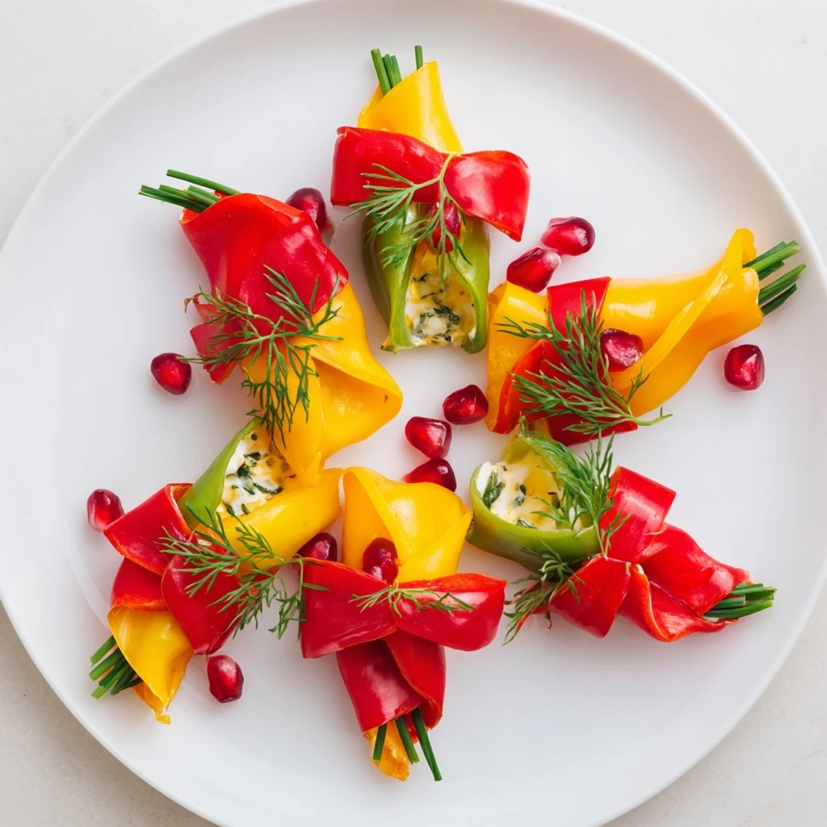 Freshly assembled Bell Pepper Christmas Bows, a vegetarian holiday appetizer filled with creamy deliciousness.