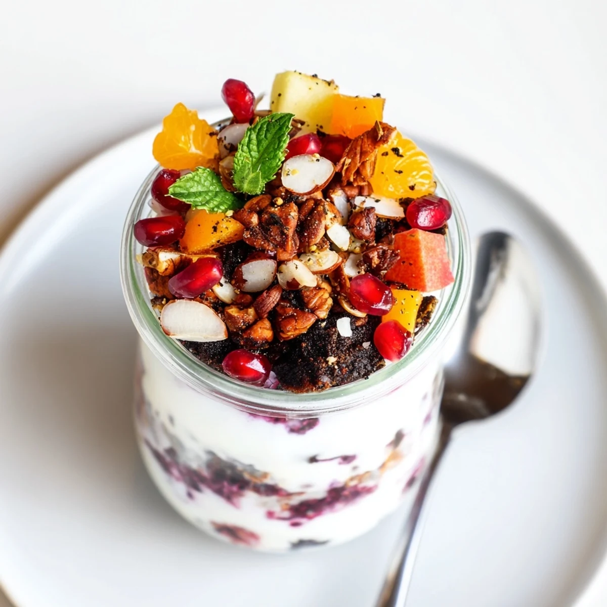 Creamy Christmas Pudding Yogurt Parfait Bar with layers of yogurt, fruit, and crunchy granola.