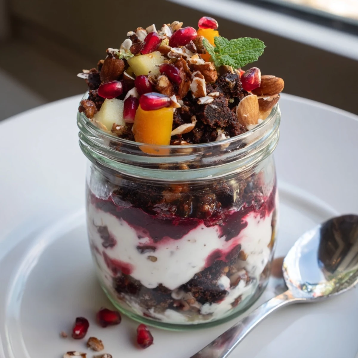 Festive Christmas Pudding Yogurt Parfait, beautifully layered with berries, spices, and toasted nuts, ready to enjoy.