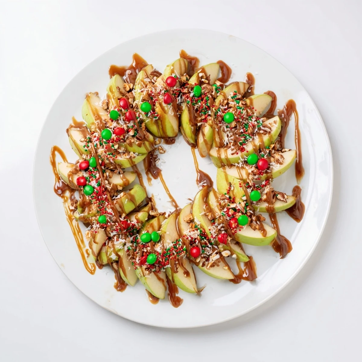 Vibrant caramel apple slice Christmas wreath on a platter, drizzled with chocolate and festive colors.