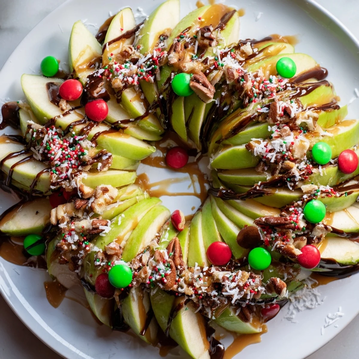 Crisp apple slices artfully arranged as a Christmas wreath, covered in caramel, chocolate and colorful toppings.