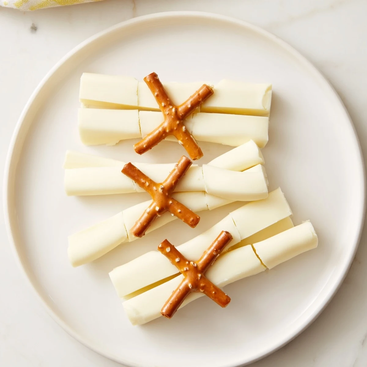 String Cheese & Pretzel Rods Snack: Creamy cheese sticks meet salty pretzel rods, a quick and delicious kids' snack.